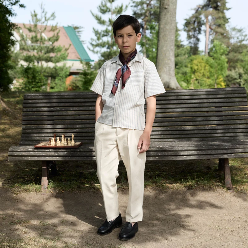 Chemise enfant à manches courtes écru à rayures bleues
