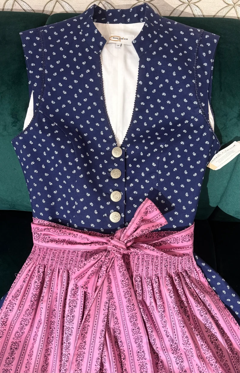 Vintage Baumwolldirndl Goldstich dunkelblau/pink 65cm