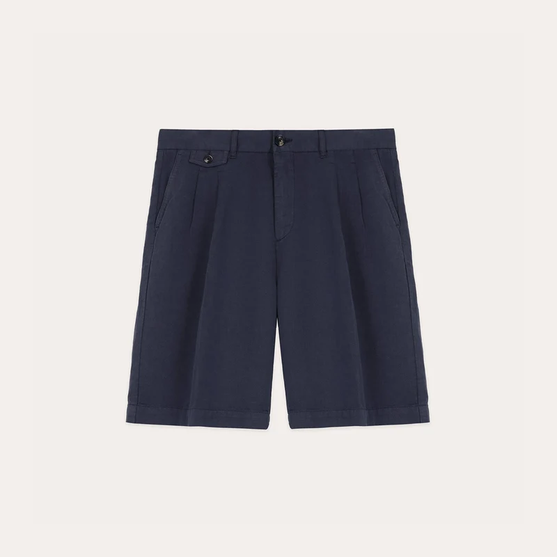 Bermuda à double plis en coton et lin marine