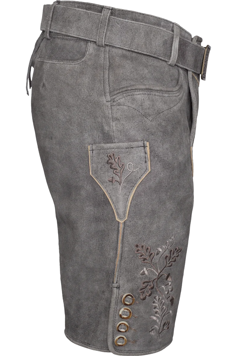 Herren Lederhose kurz bestickt mit Gürtel - titangrau silbergrau