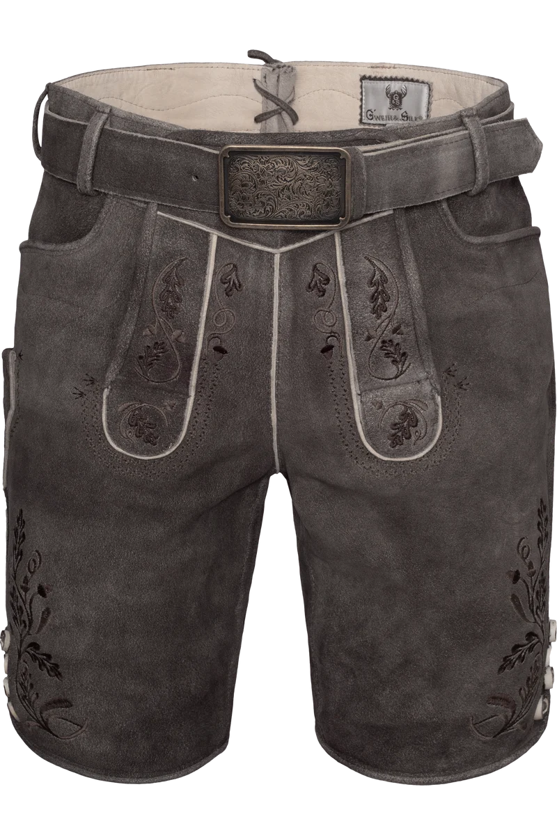 Herren Lederhose kurz bestickt mit Gürtel - bison schoko