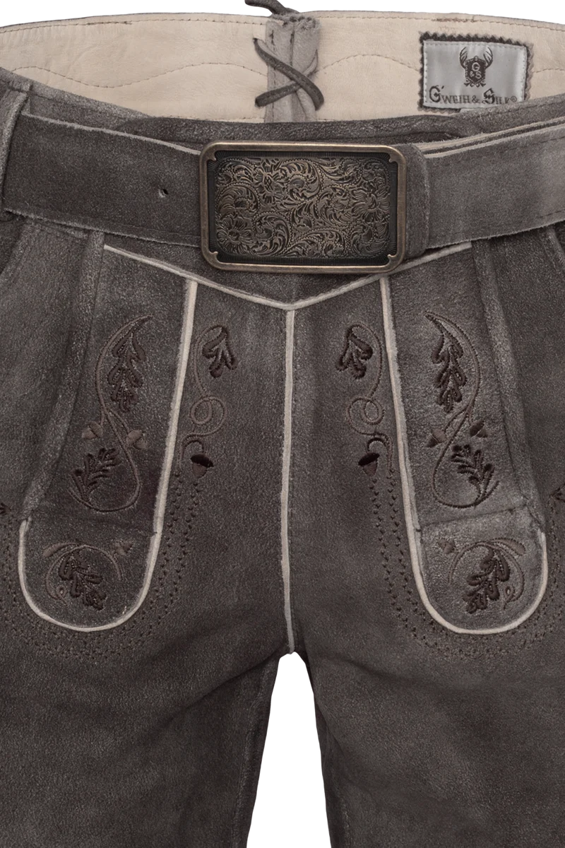 Herren Lederhose kurz bestickt mit Gürtel - bison schoko