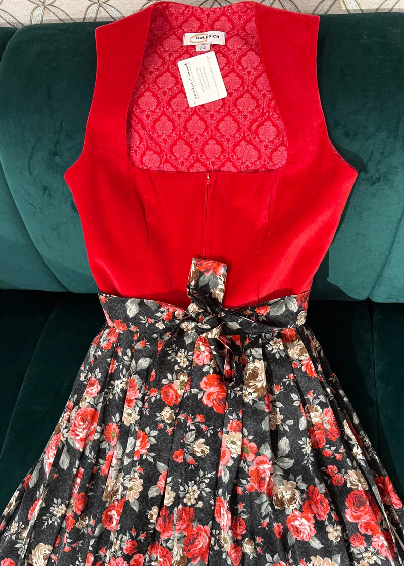 Dirndl Goldstich Samt rot Blumen 75cm