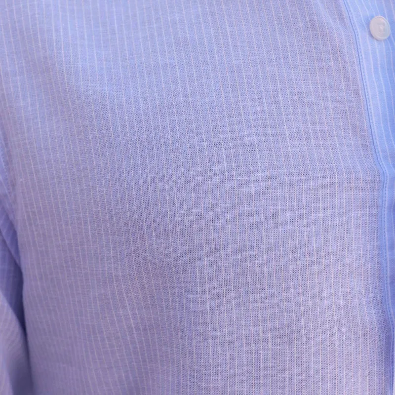 Chemise popover en coton lin bleu clair rayure blanche