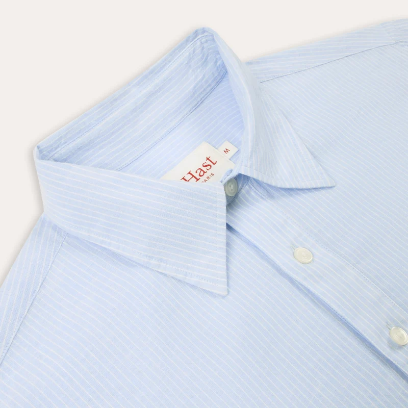 Chemise popover en coton lin bleu clair rayure blanche