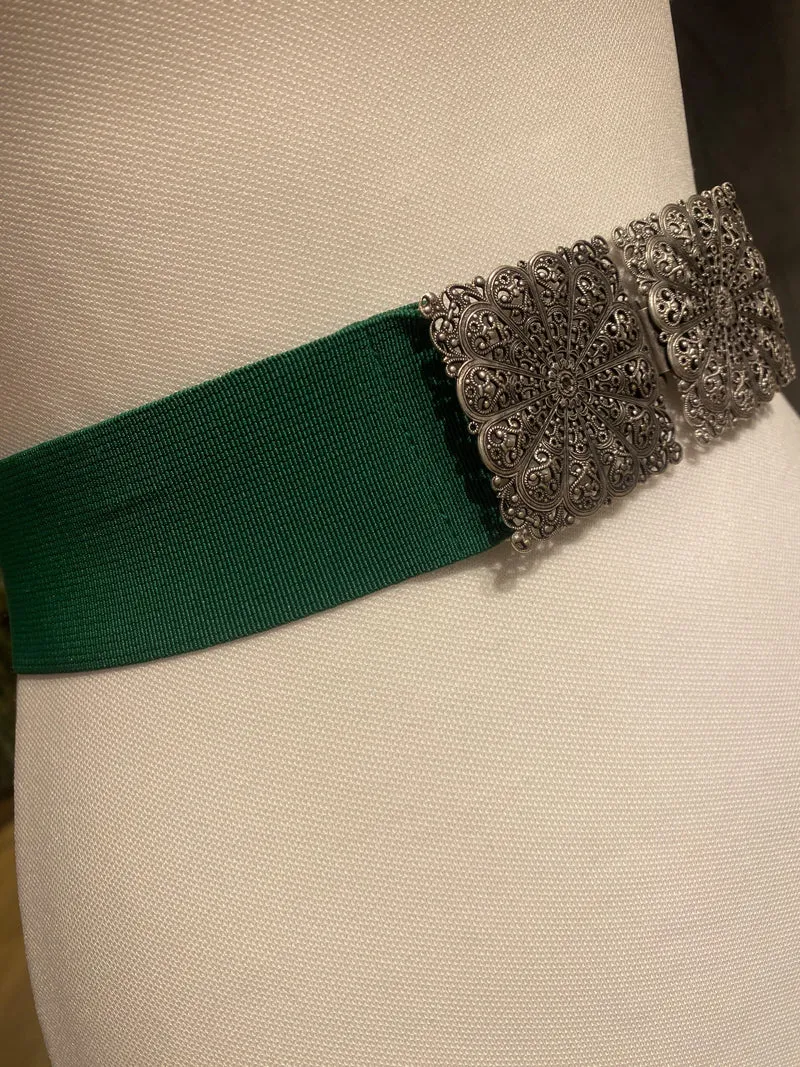 Trachtengürtel Stretch Goldstich grün/silber