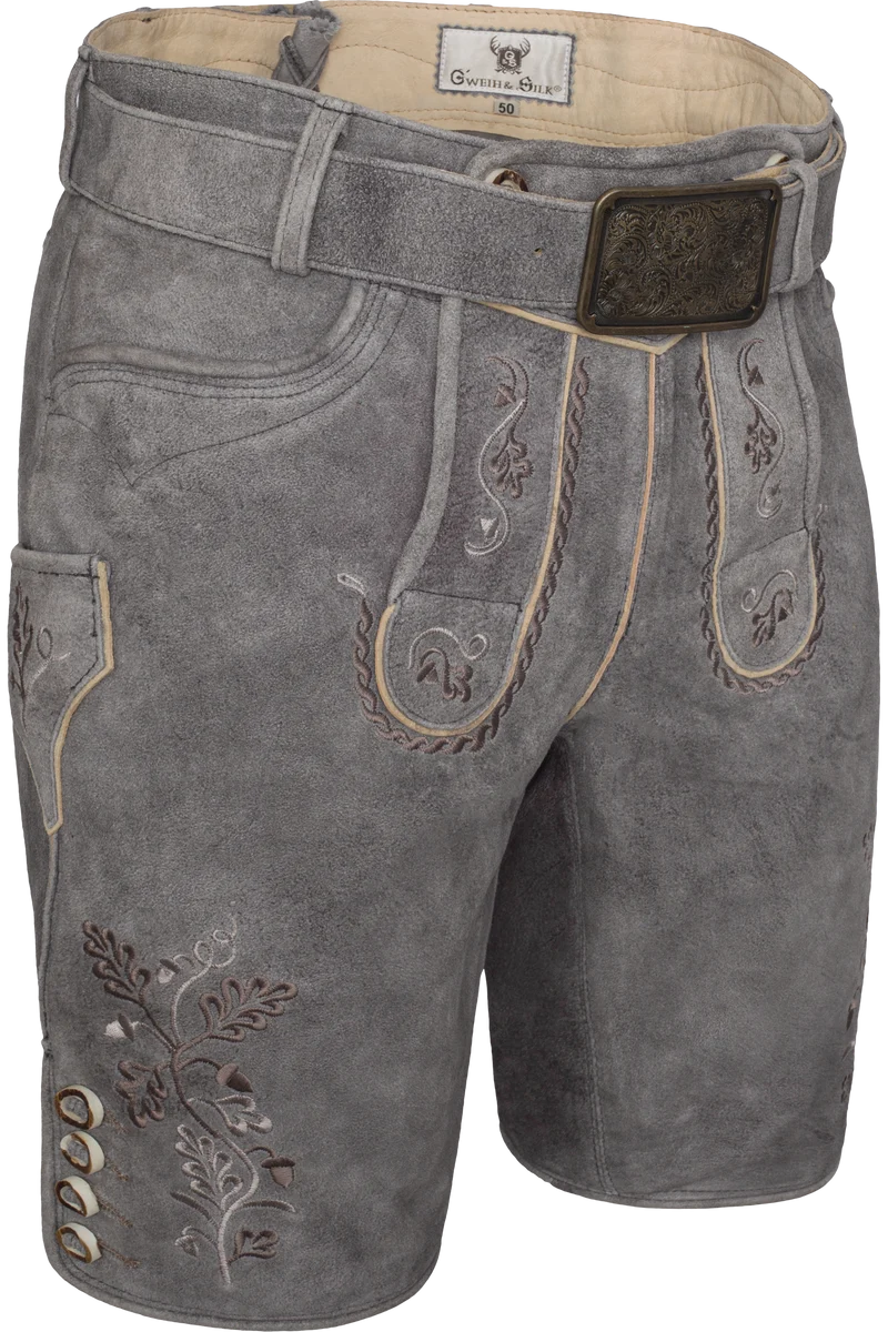 Herren Trachten-Lederhose kurz mit Gürtel - titangrau silbergrau