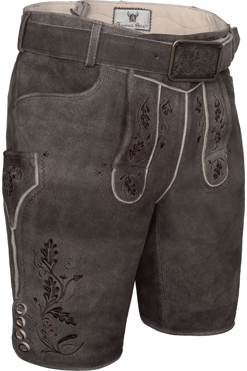 Kurze Herren Trachten-Lederhose mit Ledergürtel - bison schoko
