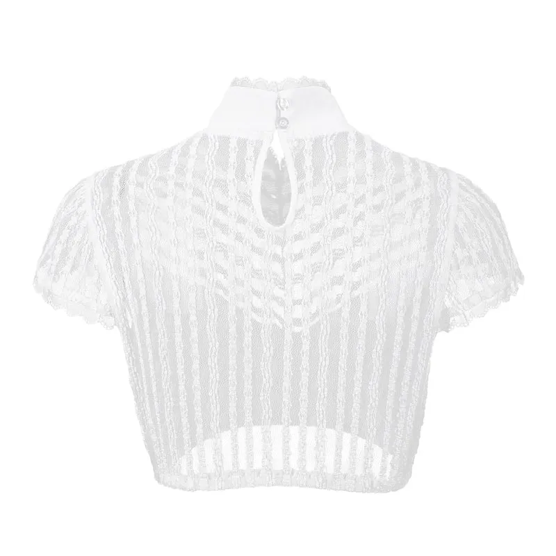 Dirndlbluse hochgeschlossen Spitze Stehkragen weiß