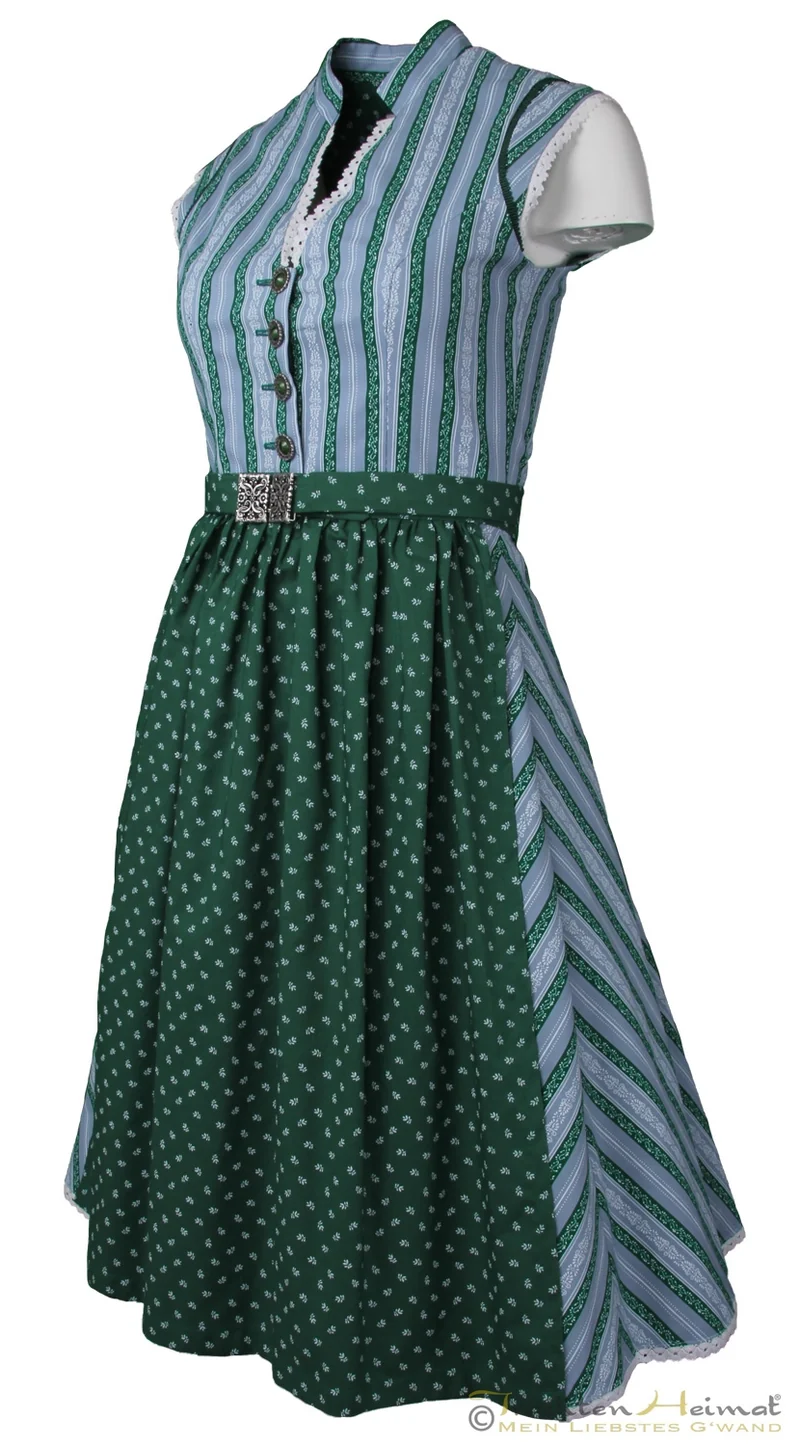 Vintage Baumwolldirndl blau grün gestreift mit Schließe 65cm