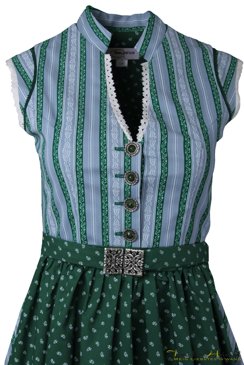 Vintage Baumwolldirndl blau grün gestreift mit Schließe 65cm
