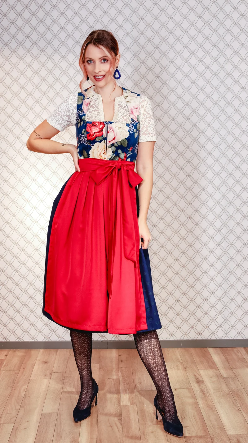 Samtdirndl Goldstich Blumen blau 75cm