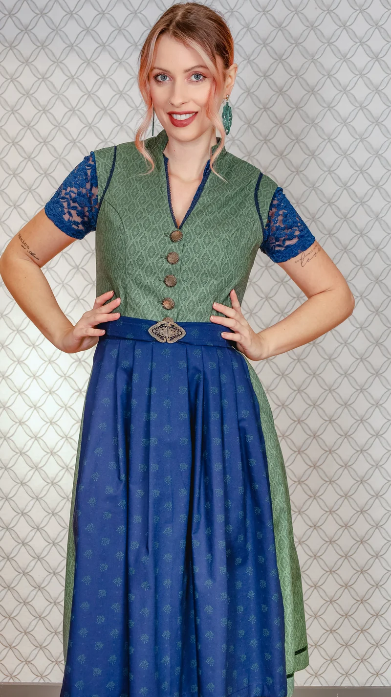 Retro Dirndl Goldstich grün/blau