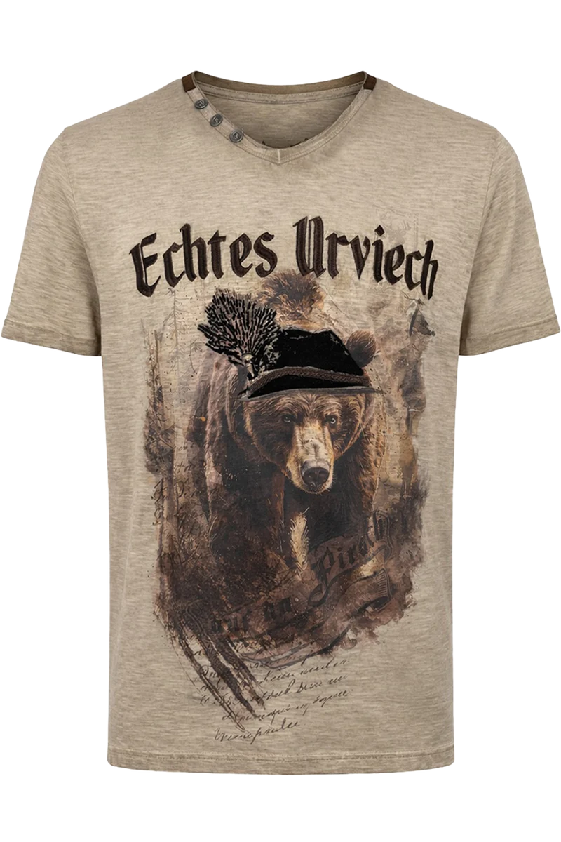 Herren Trachtenshirt aus Bio-Baumwolle mit Bärenmotiv - greige