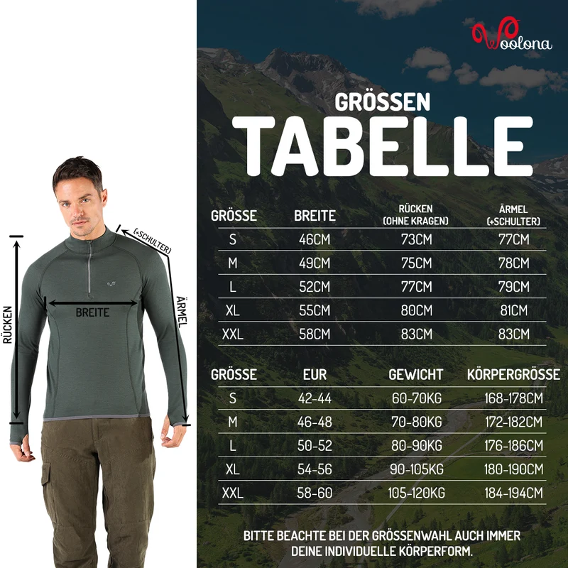 Langarmshirt - HALLDOR - 100% Merinowolle (Zip)