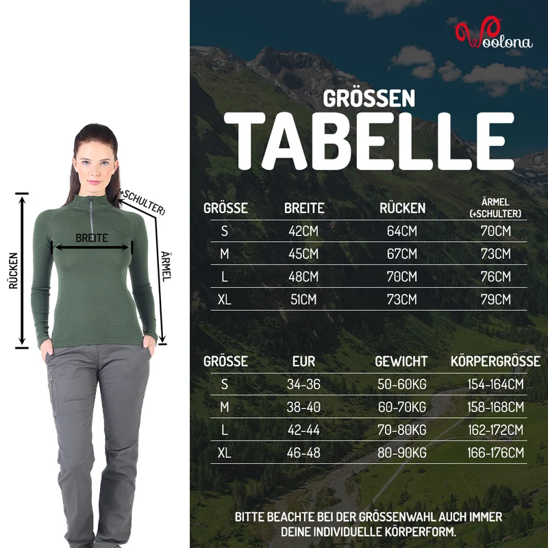 Merino Langarmshirt Damen - VEGA - 100% Merinowolle (Zip)