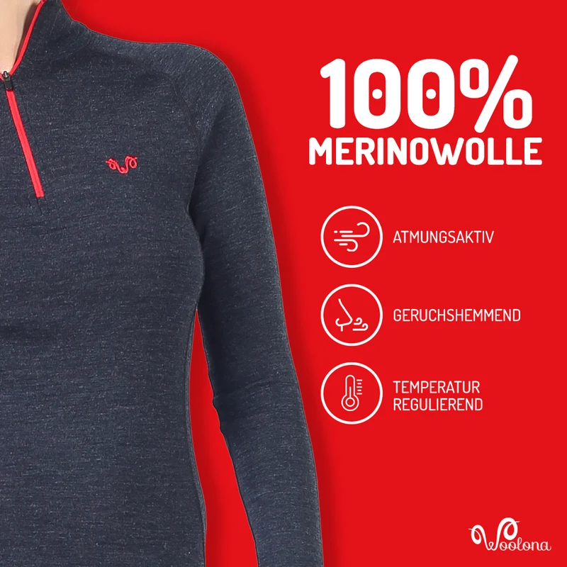 Merino Langarmshirt Damen - VEGA - 100% Merinowolle (Zip)