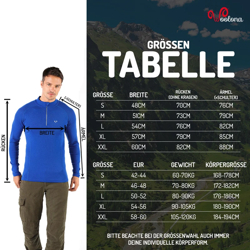 Langarmshirt - ASTRO - 100% Merinowolle (Zip)
