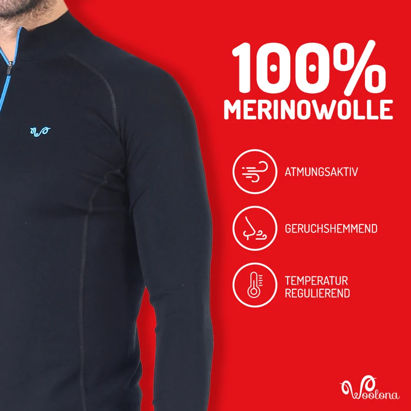 Langarmshirt - ASTRO - 100% Merinowolle (Zip)