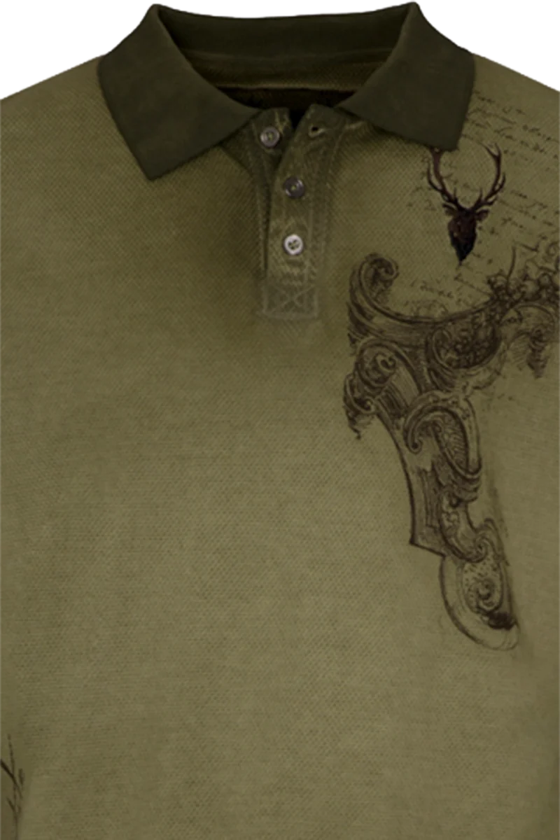 Herren T-Shirt mit Polokragen und Hirschkopfstickerei - oliv