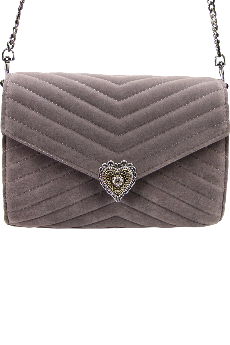 Damen Samtclutch mit Herz und Umhängekette - grau