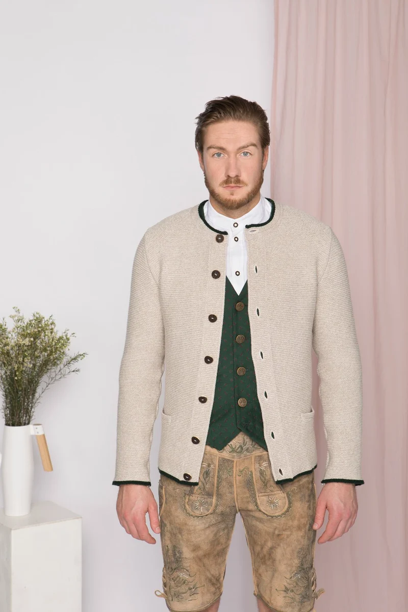 STRICKJACKE PETER MIT STEHKRAGEN BEIGE/TANNENGRÜN