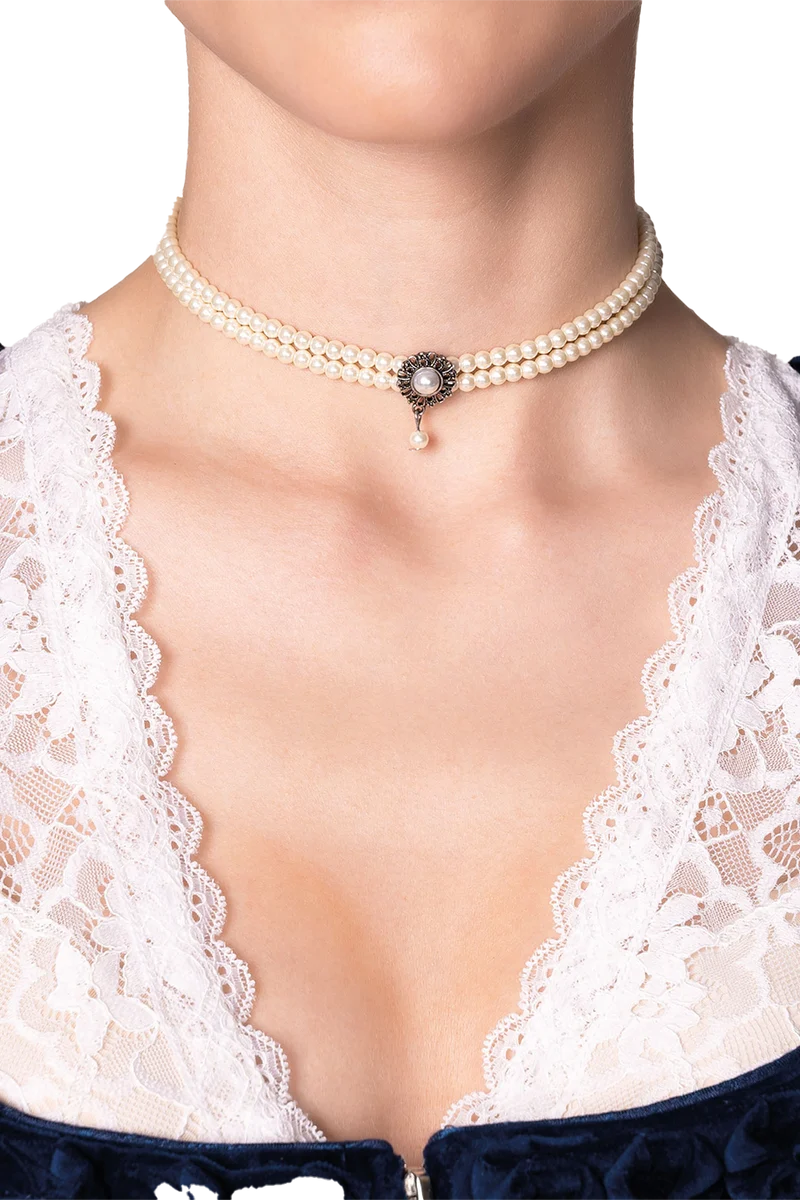Damen Kropfkette zweireihig mit Perlen - creme