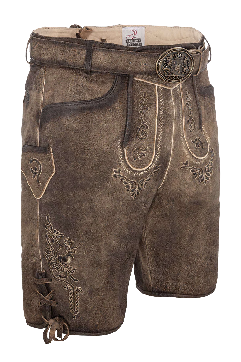 Herren Lederhose kurz Wildbock mit Gürtel und Träger