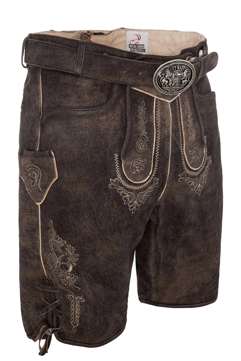 Herren Lederhose kurz Wildbock mit Gürtel und Träger