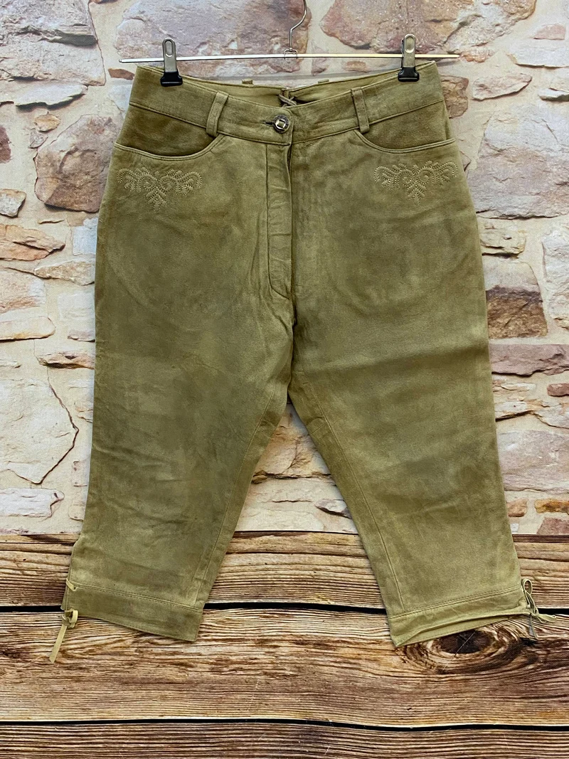 Damen Trachtenlederhose Kniebund Gr. 38 – helloliv mit Stickerei