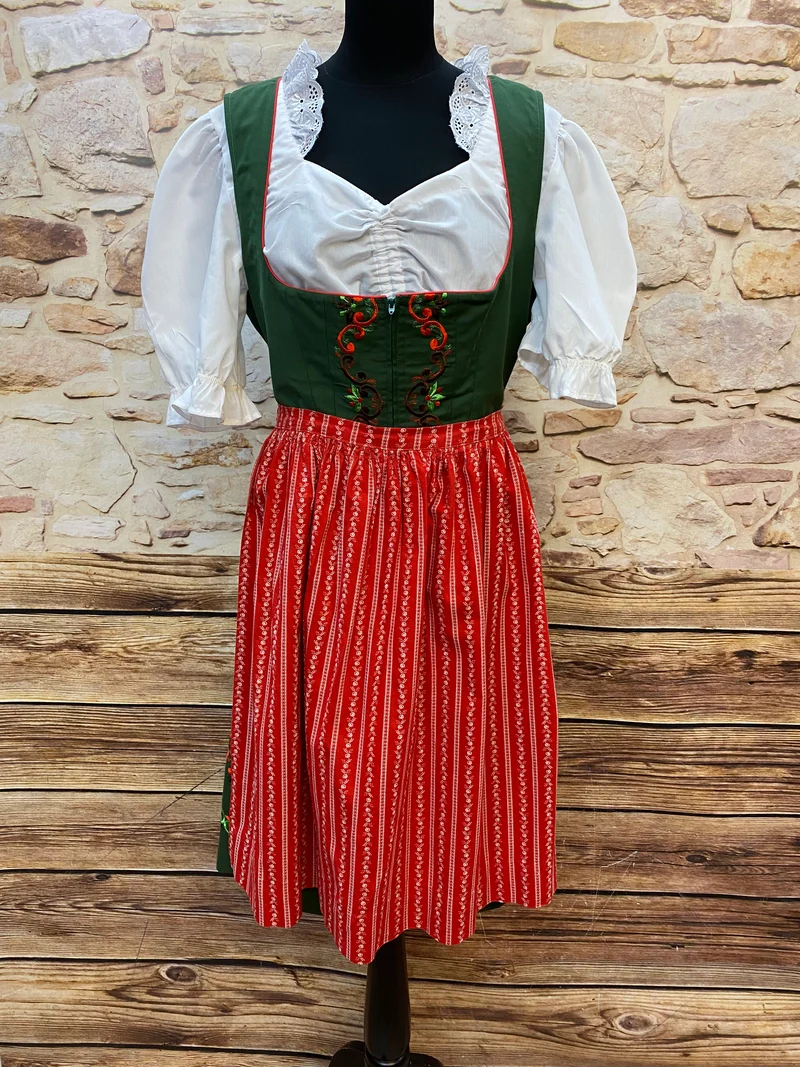 Vintage Dirndl Grün Bestickt mit roter Schürze – Gr. 48