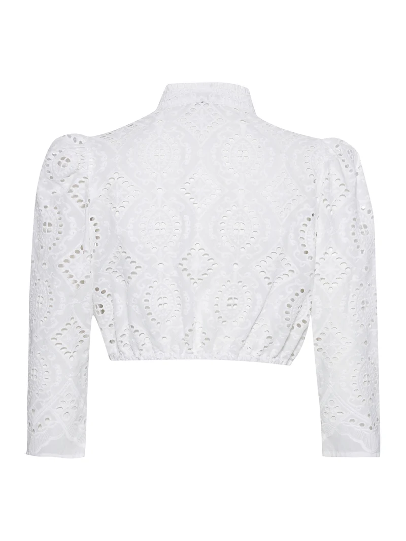 Stickerei-Stehkragenbluse mit Perlmuttknopf