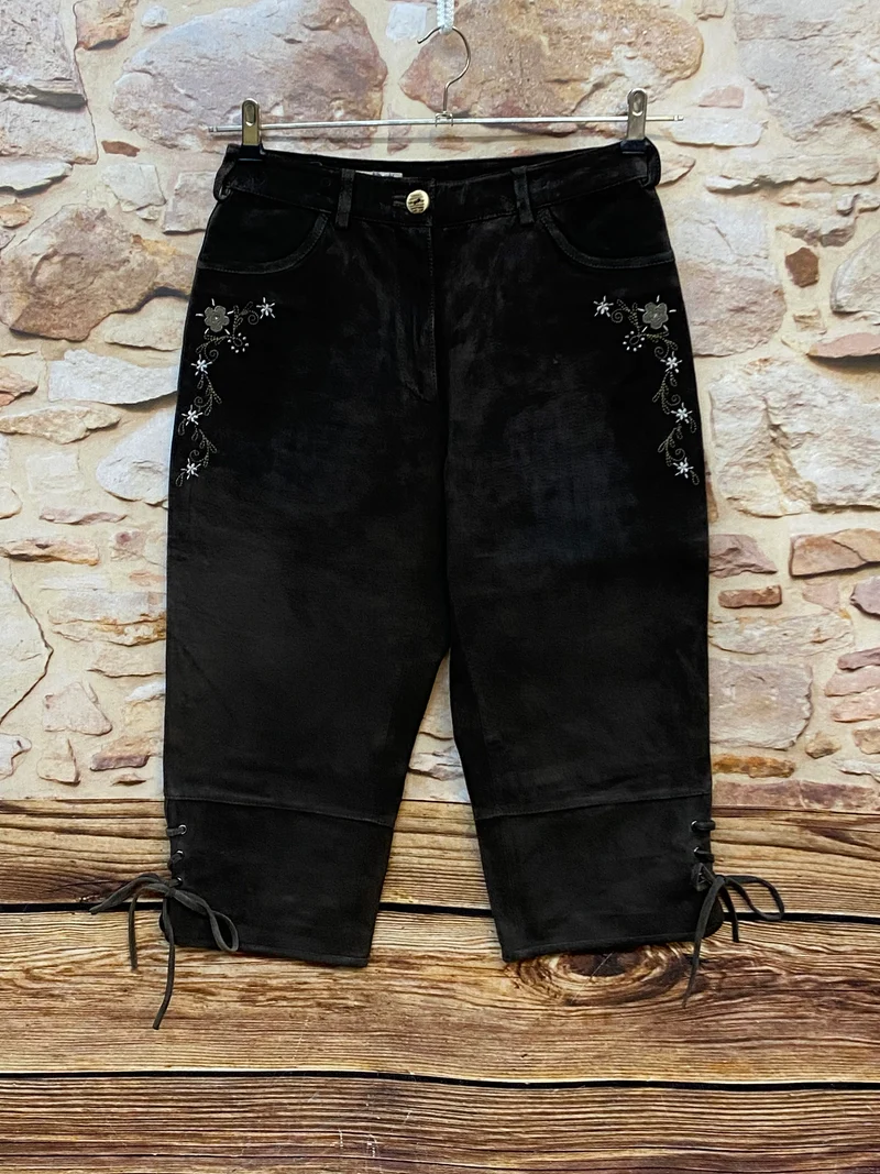 Vintage Damen Kniebundlederhose Gr. 36 – Dunkelbraun mit Stickerei