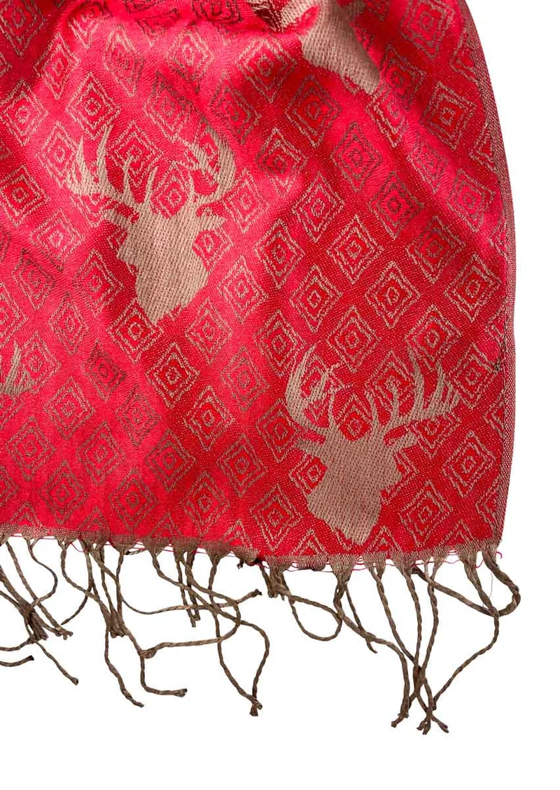 Halstuch Schal mit Hirschkopf Motiv 185 x 70 cm | Rot / Gold