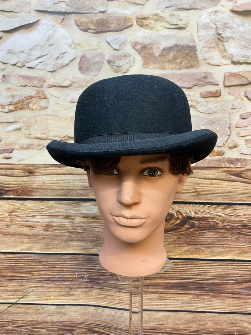 Schwarze Vintage Melone Gr. XL – Wollfilz Bowler Hat mit rotem Futter