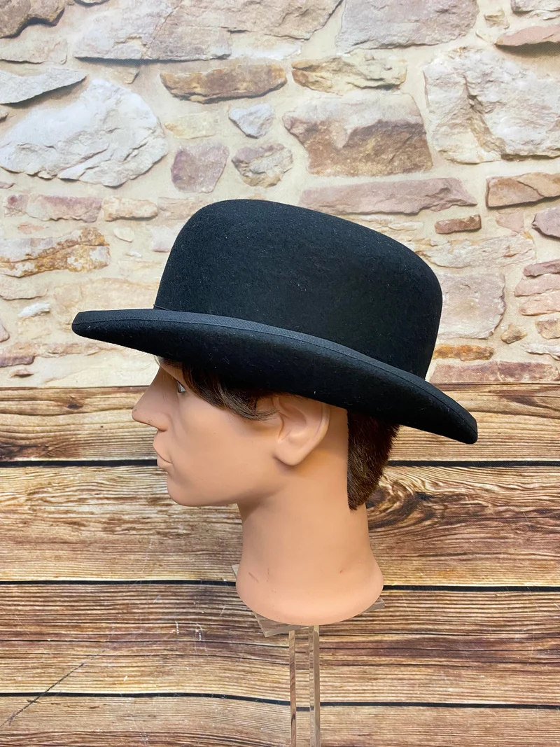 Schwarze Vintage Melone Gr. XL – Wollfilz Bowler Hat mit rotem Futter