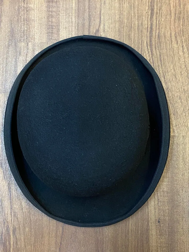 Schwarze Vintage Melone Gr. XL – Wollfilz Bowler Hat mit rotem Futter