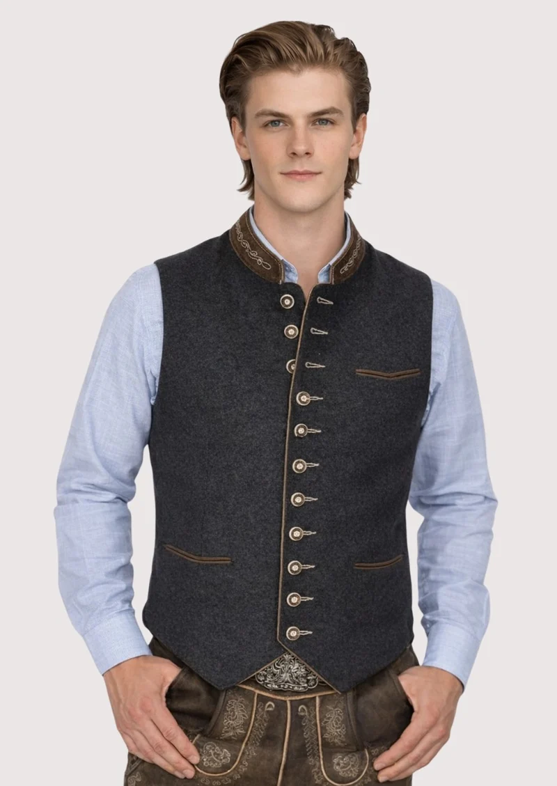 Heritage Black Wool Waistcoat – Luxe Leather Collar Detail