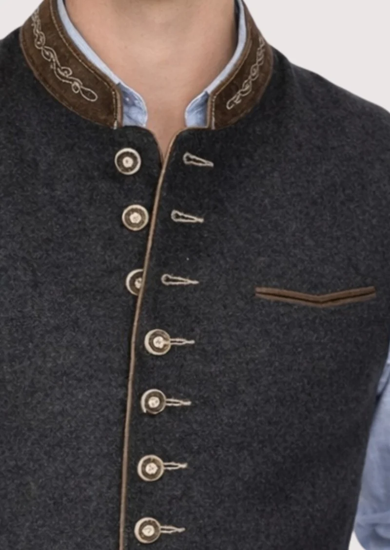 Heritage Black Wool Waistcoat – Luxe Leather Collar Detail