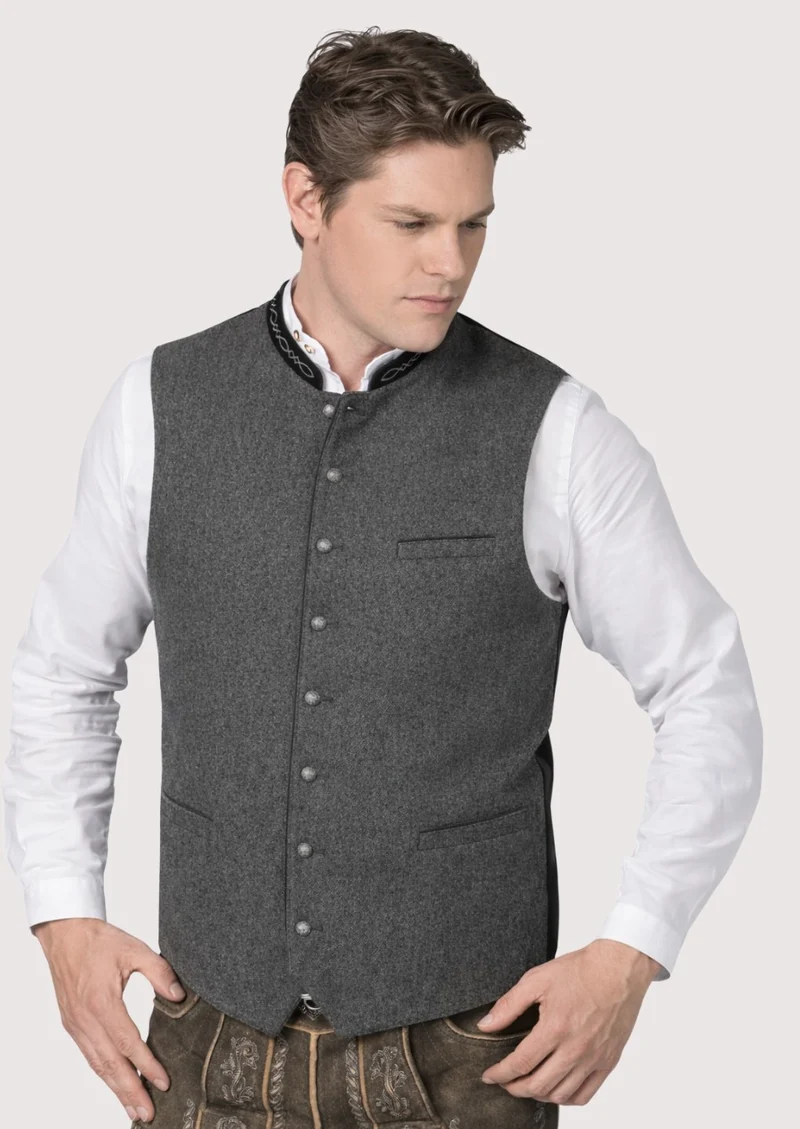 Rustic Bavarian Wool Vest – Grey Vest with Black Piping