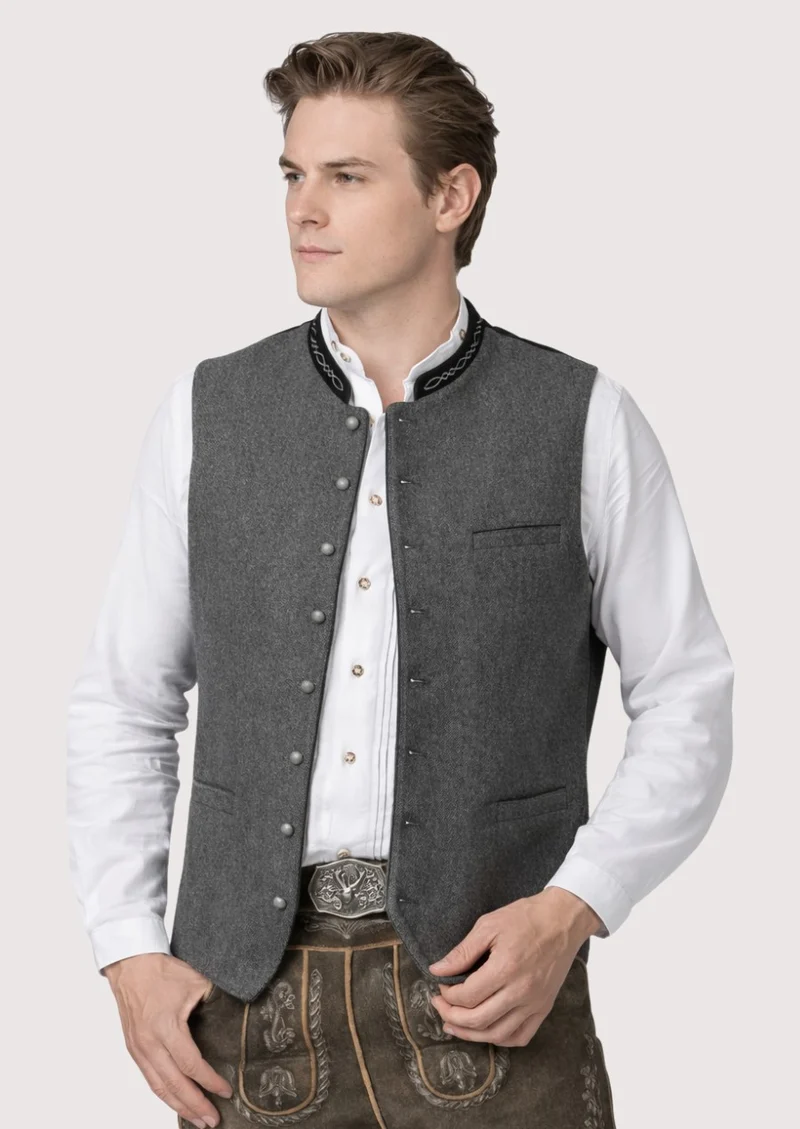 Rustic Bavarian Wool Vest – Grey Vest with Black Piping