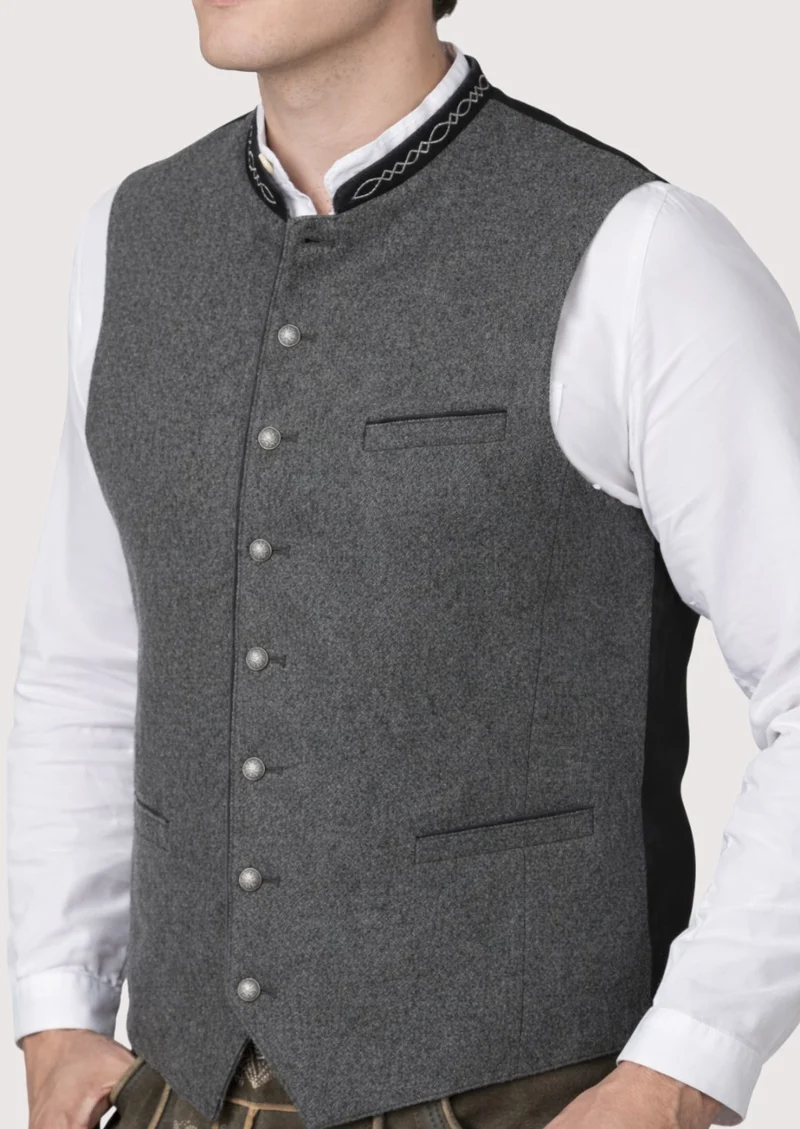 Rustic Bavarian Wool Vest – Grey Vest with Black Piping