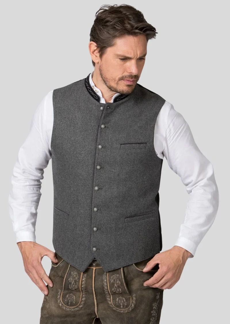 Rustic Bavarian Wool Vest – Grey Vest with Black Piping