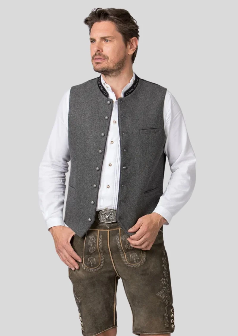Rustic Bavarian Wool Vest – Grey Vest with Black Piping