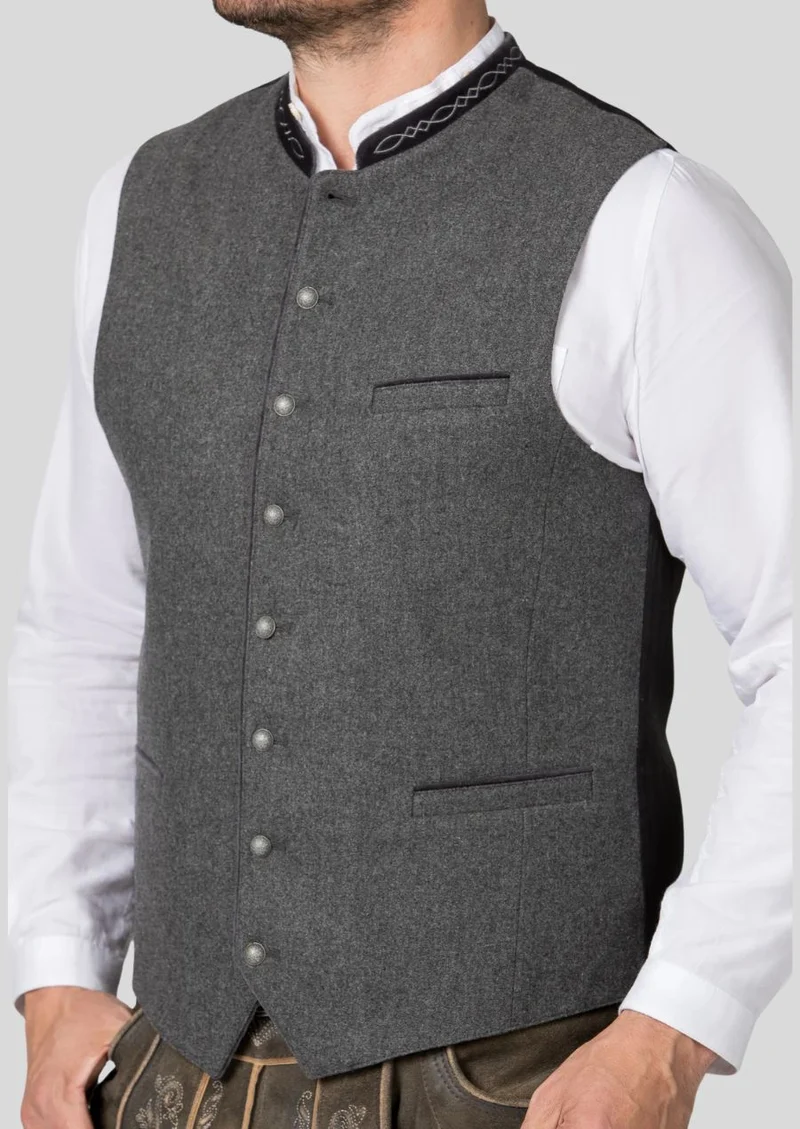 Rustic Bavarian Wool Vest – Grey Vest with Black Piping