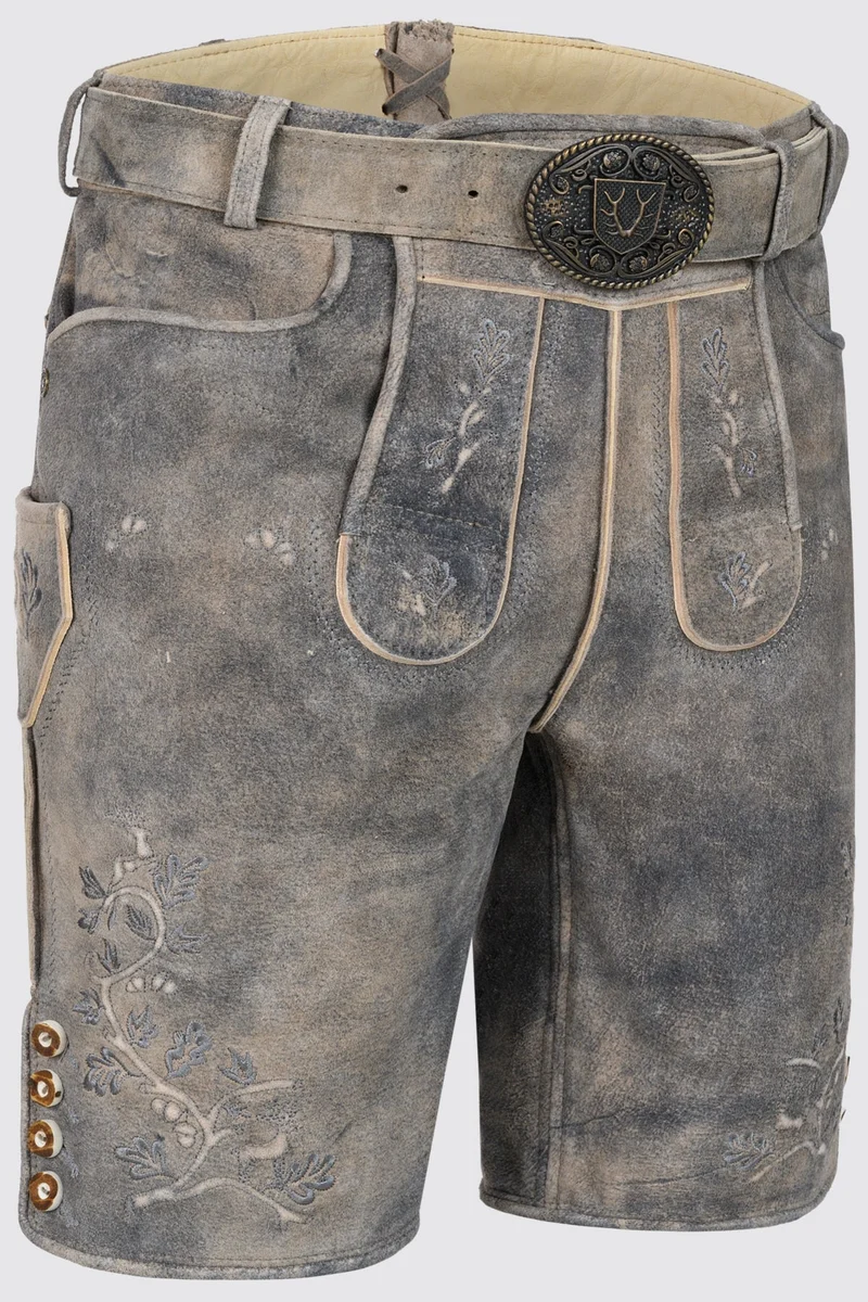 Kruger Men's Lederhosen "Berno" with Belt - Gray