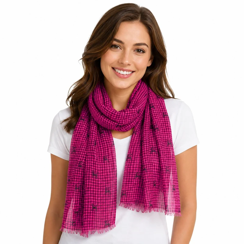 Trachten Halstuch Schal Kariert mit Hirschmotiv 185 x 70 cm | Pink
