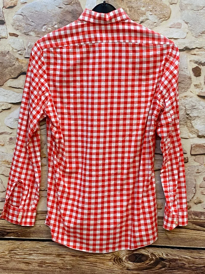 Vintage Trachtenhemd Herren rot-weiß kariert Gr. 39 | Langarm Landhaushemd
