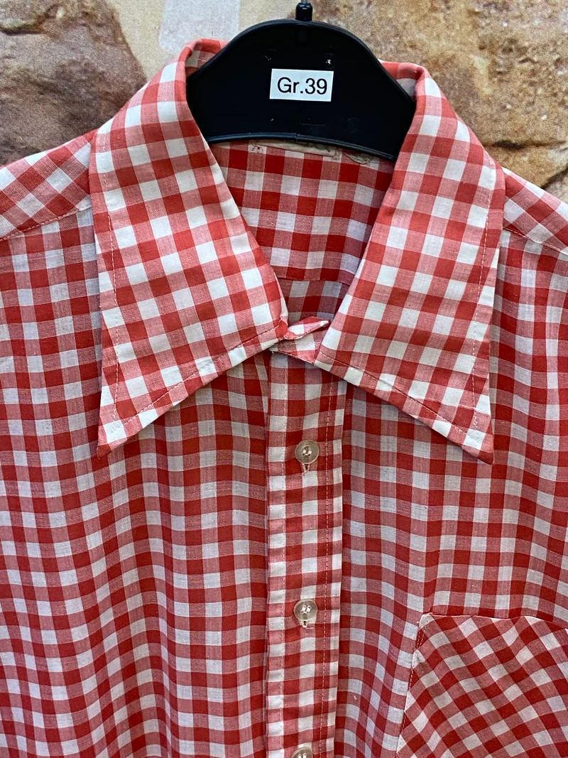 Vintage Trachtenhemd Herren rot-weiß kariert Gr. 39 | Kurzarm Landhaushemd