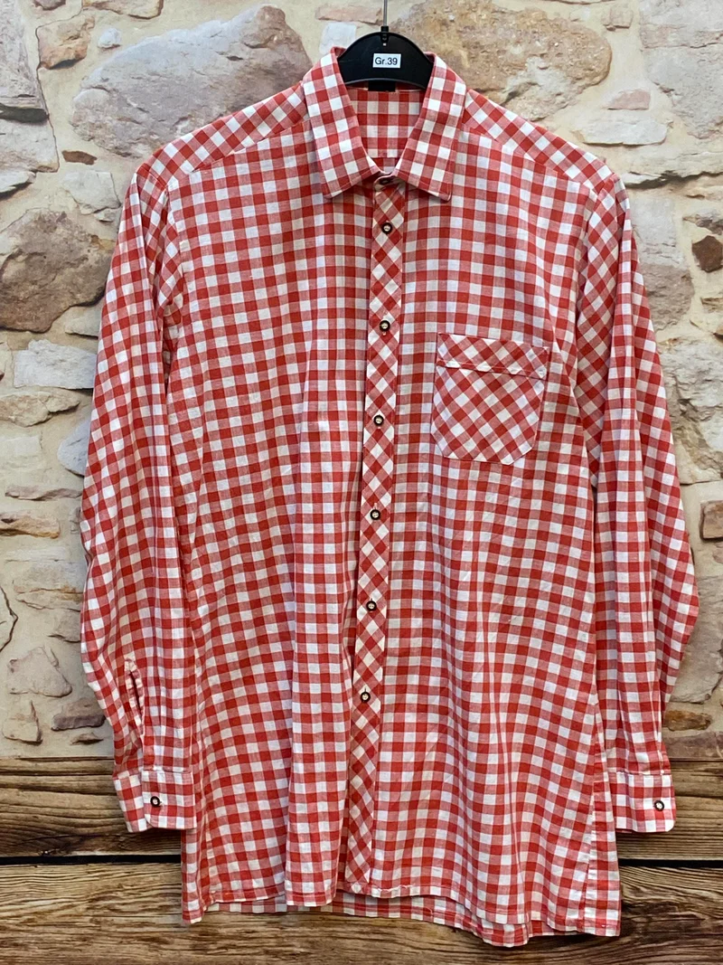 Vintage Herren Trachtenhemd rot weiß kariert Gr. 39 | Baumwolle Langarm